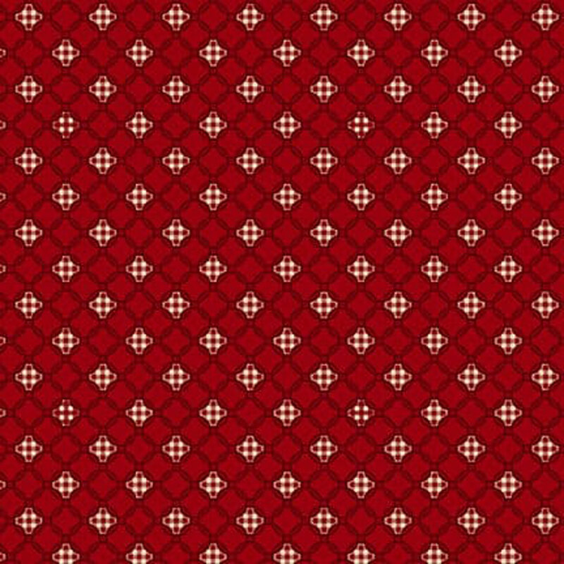 red fabric with a tonal lattice pattern and white gingham motifs