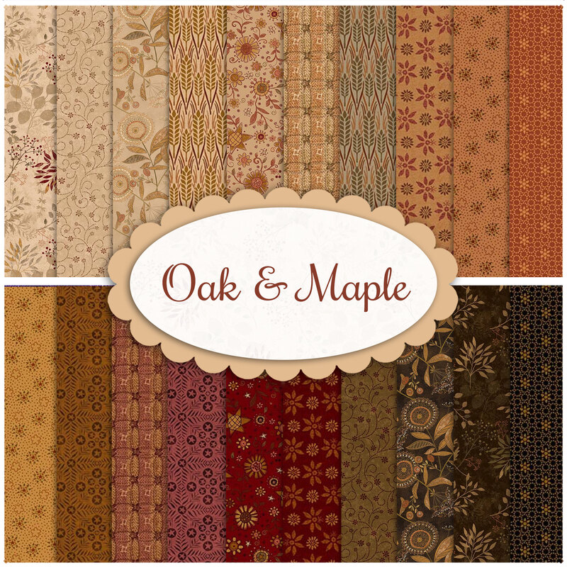 Collage of fabrics in Oak and Maple FQ set in earthy colors