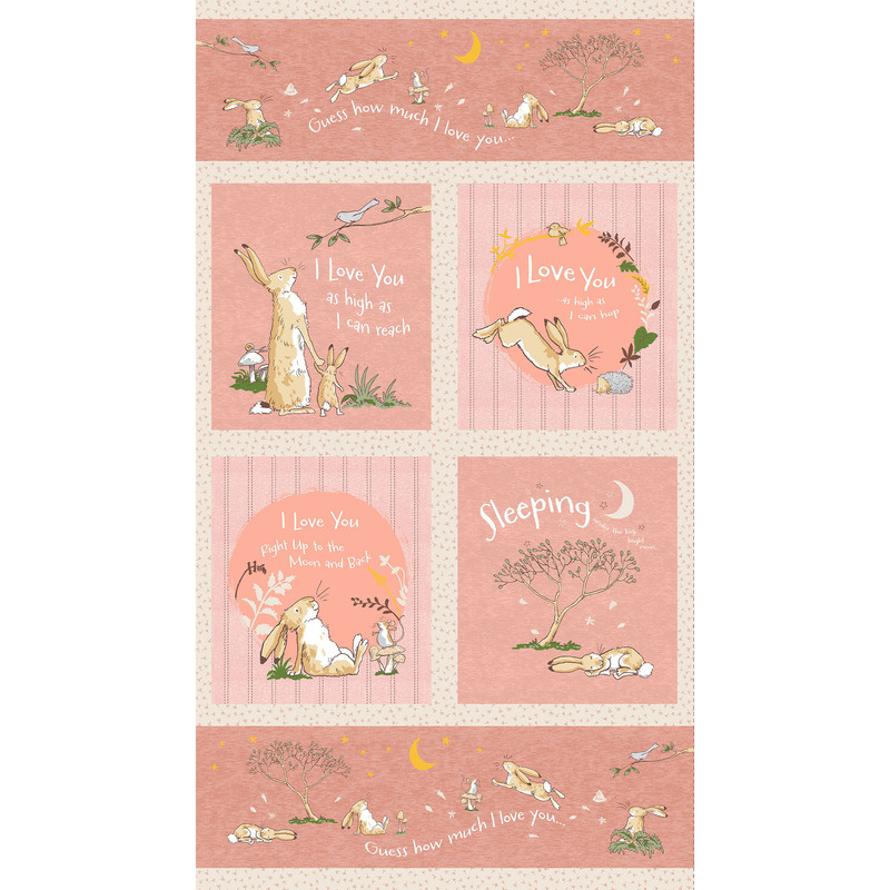 Image of full width coral panel featuring rabbits and scenery from the book Guess How Much I Love You