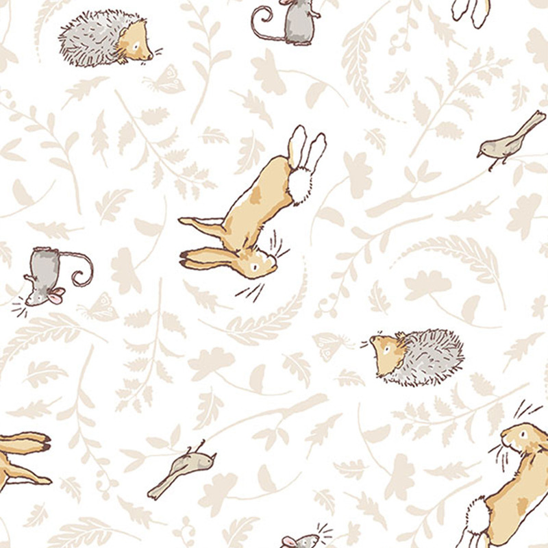 Cream fabric featuring tonal leaf silhouettes and joyful woodland animals in soft, neutral colors.