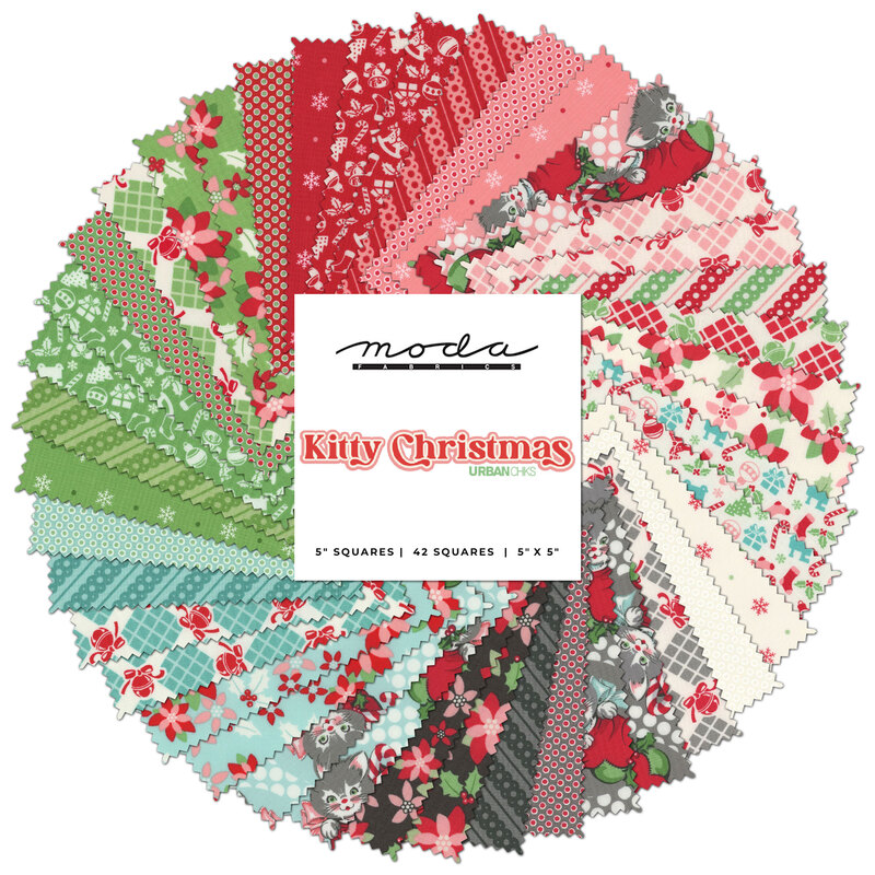 collage of Kitty Christmas fabric collection splayed in a circle, in retro shades of green, red, pink, blue, and black