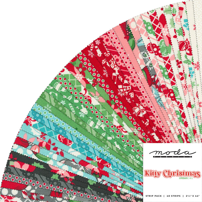 collage of Kitty Christmas fabric collection splayed in a fan, in retro shades of green, red, pink, blue, and black