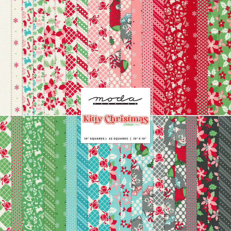 collage of Kitty Christmas fabric collection, in retro shades of green, red, pink, blue, and black