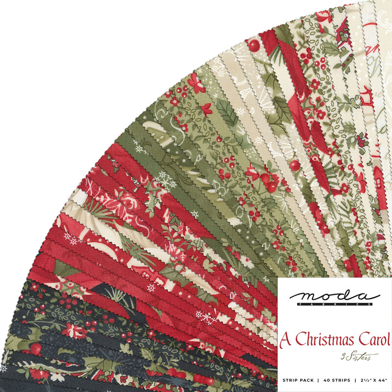 collage of A Christmas Carol collection fabrics splayed in a fan in muted shades of red, green, cream, and black