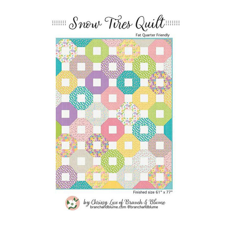 Front of the pattern, showing a colorful digital mockup of the completed Snow Tires quilt 