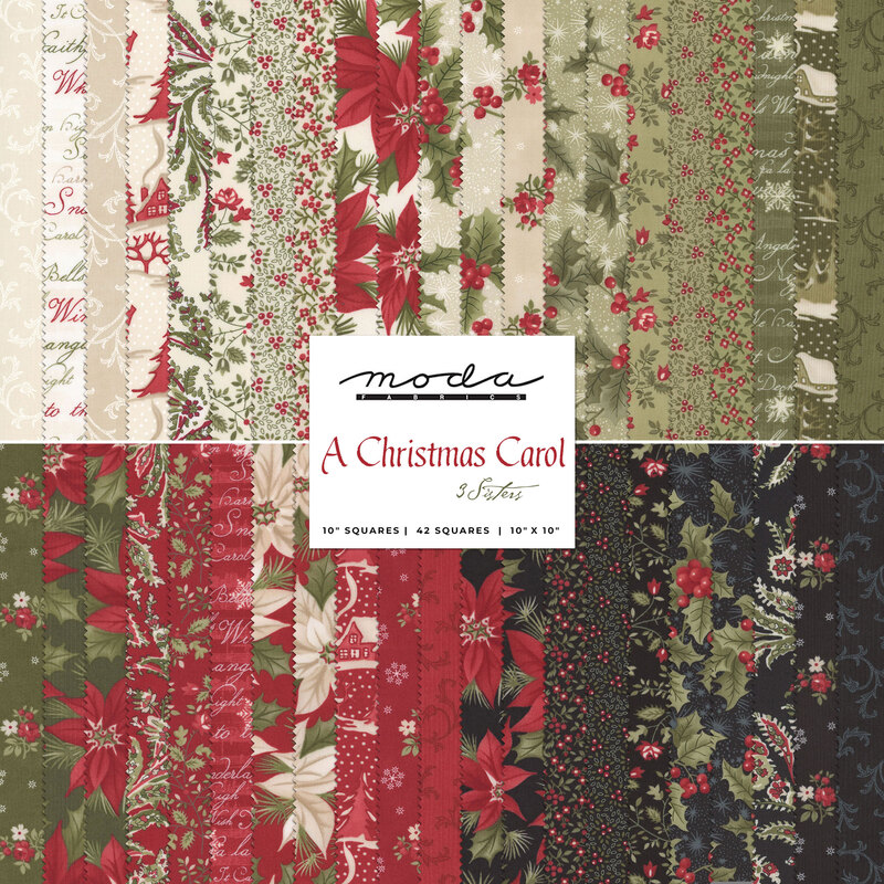 collage of A Christmas Carol collection fabrics in muted shades of red, green, cream, and black