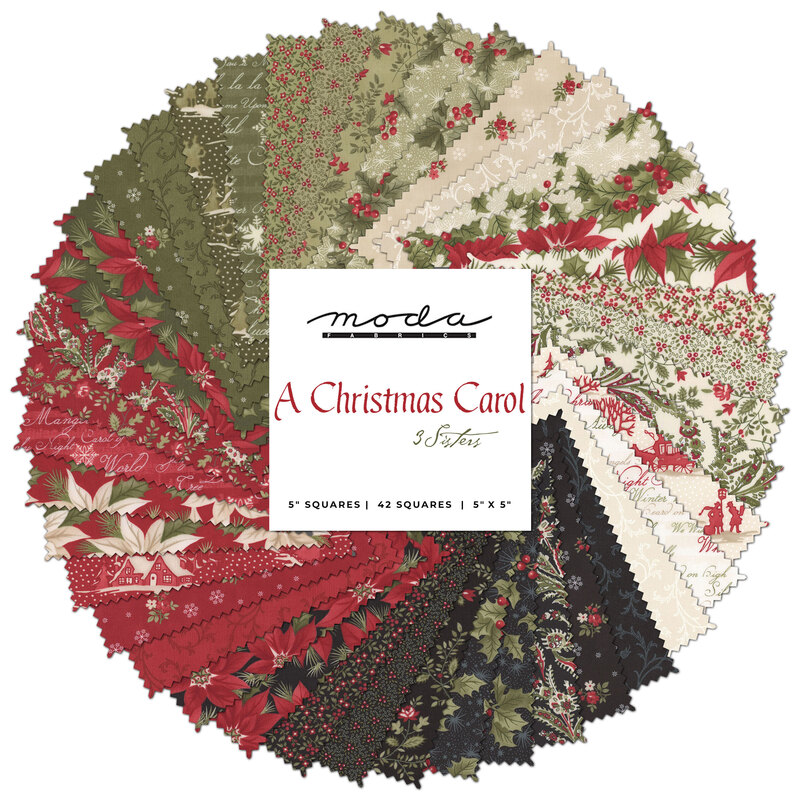 collage of A Christmas Carol collection fabrics splayed in a circle in muted shades of red, green, cream, and black