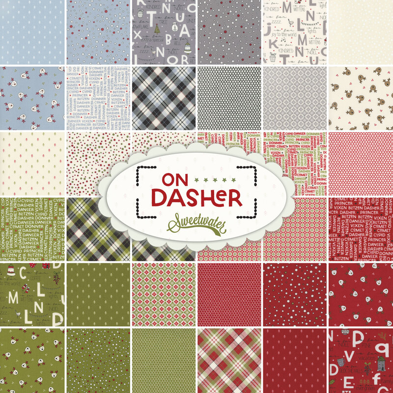 collage of all the On Dasher fabrics in muted shades of icy blue, white, red, and green