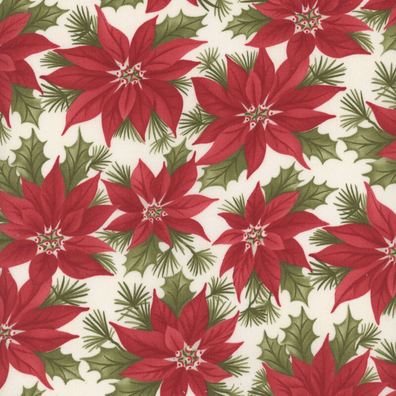 Cream fabric featuring stylized red poinsettias interspersed with green leaves.