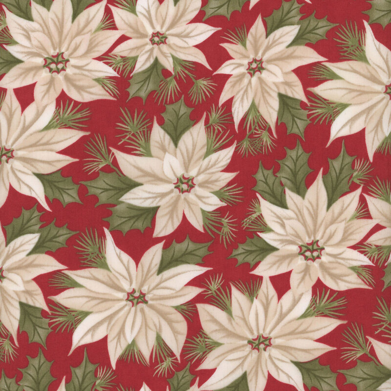 Red fabric featuring stylized cream poinsettias interspersed with green leaves.