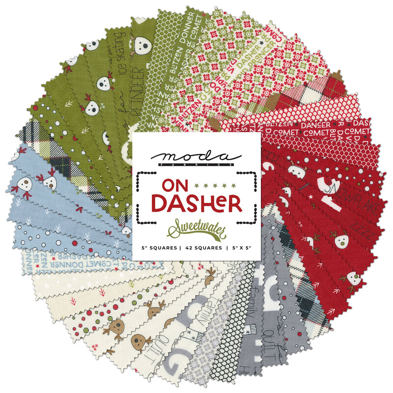 collage of all the On Dasher fabrics splayed in a circle in muted shades of icy blue, white, red, and green