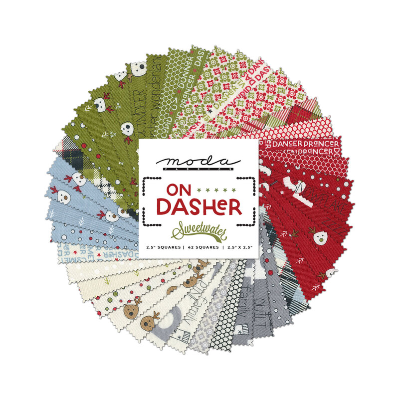 collage of all the On Dasher fabrics splayed in a circle in muted shades of icy blue, white, red, and green