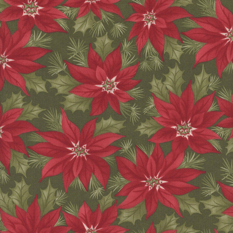 Green fabric featuring stylized red poinsettias interspersed with green leaves.
