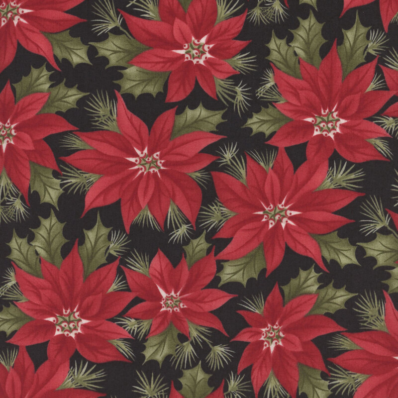 Black fabric featuring stylized red poinsettias interspersed with green leaves.