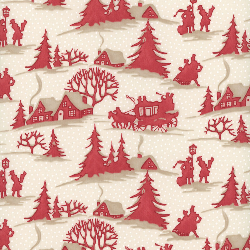 This cream fabric features snowdrifts and scenes rendered in bold red silhouettes of people enjoying an old fashioned holiday with coaches, lampposts, and cozy houses.