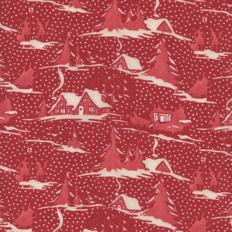 This red fabric features snowdrifts and scenes rendered in gentle cream silhouettes of people enjoying an old fashioned holiday with coaches, lampposts, and cozy houses.
