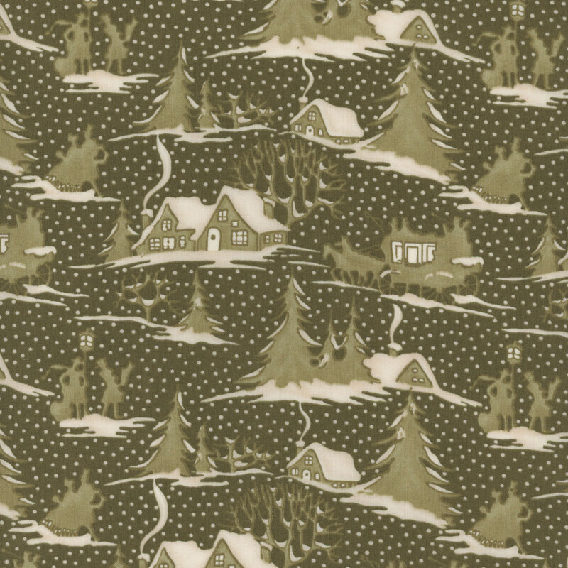 This green fabric features snowdrifts and scenes rendered in tonal green and cream silhouettes of people enjoying an old fashioned holiday with coaches, lampposts, and cozy houses.