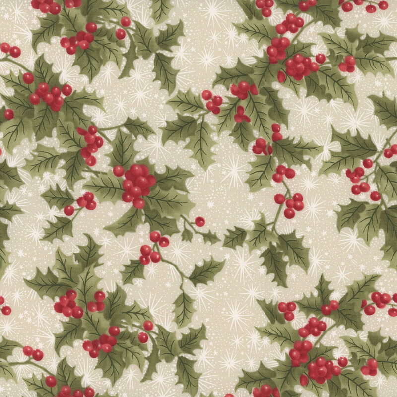 This cream fabric features subtle white snowflakes amid green holly branches with vivid red berries.