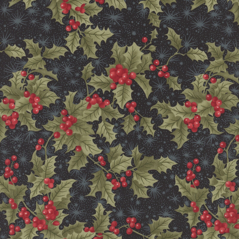 This black fabric features subtle white snowflakes amid green holly branches with vivid red berries.