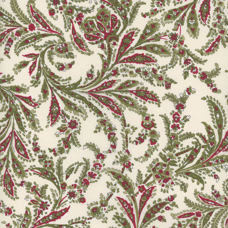 This cream fabric features a unique design that vines gracefully, featuring paisley motifs in green and red.