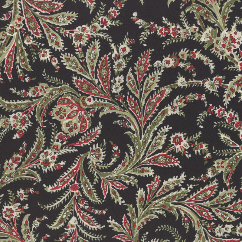 This black fabric features a unique design that vines gracefully, featuring paisley motifs in cream, green and red.