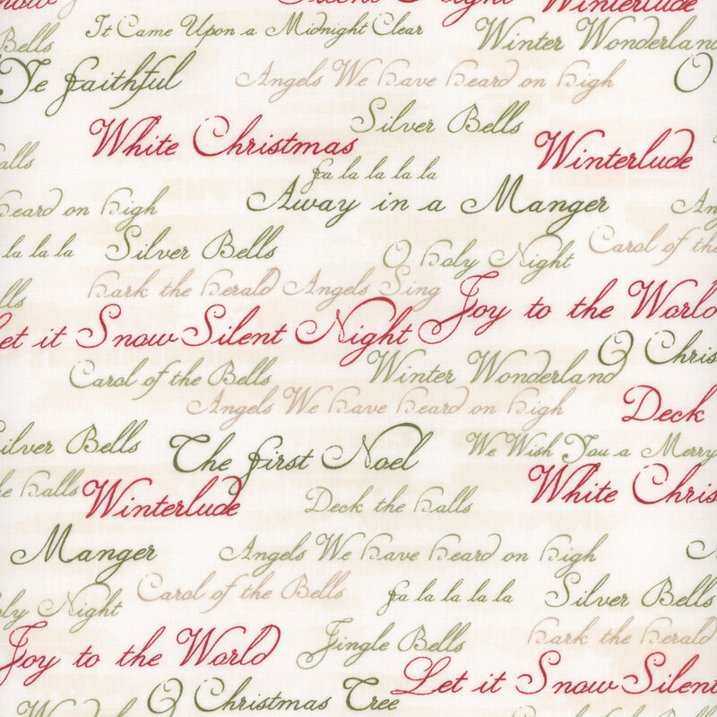 This fabric features green and red script on a cream background expressing lyrics and titles of Christmas carols