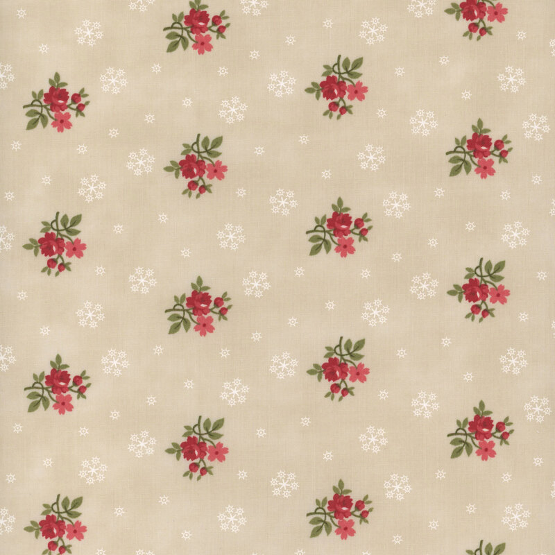 This beige fabric features bunches of red flowers with white snowflakes all evenly spaced apart for a beautiful touch of nature in winter.