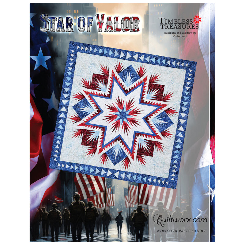 Front of the pattern showing the finished quilt in reds, blues, and pale blue and white; the quilt overlays a patriotic painting.