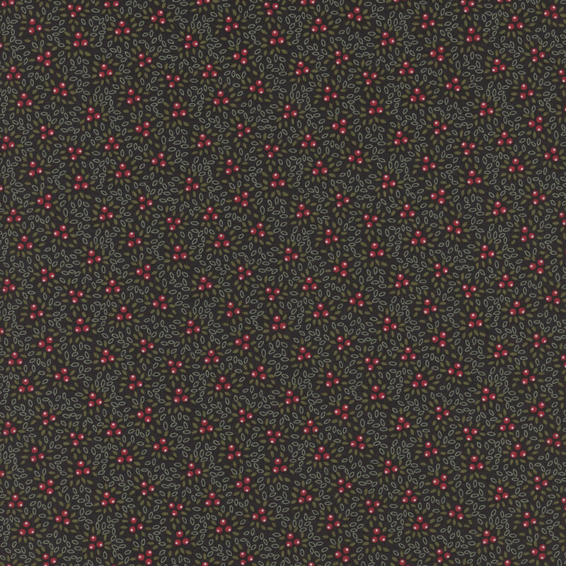 This black fabric features clusters of red berries on a scattered background of tiny green leaves for a textured effect