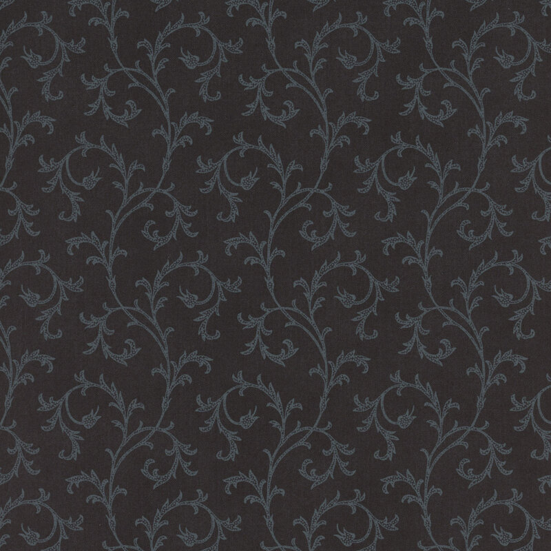 This fabric features elegant tonal filigree that curls across a black background
