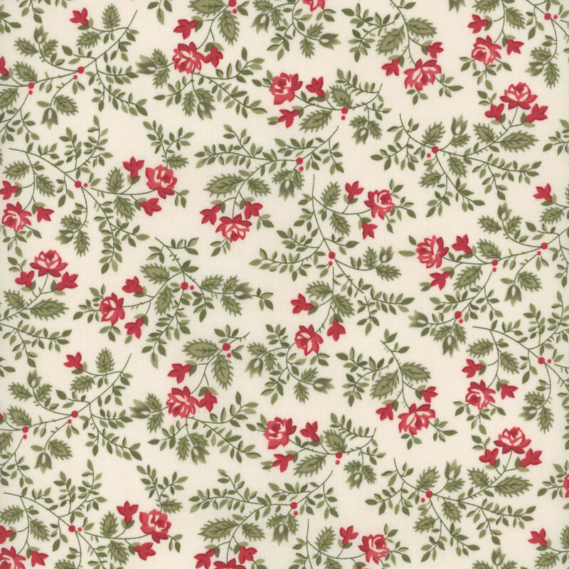 The red roses of this cream fabric swirl along leafy green vines all over.