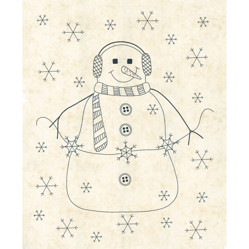 digital image of a cream fabric panel, featuring a navy blue stitchery style snowman holding a snowflake garland