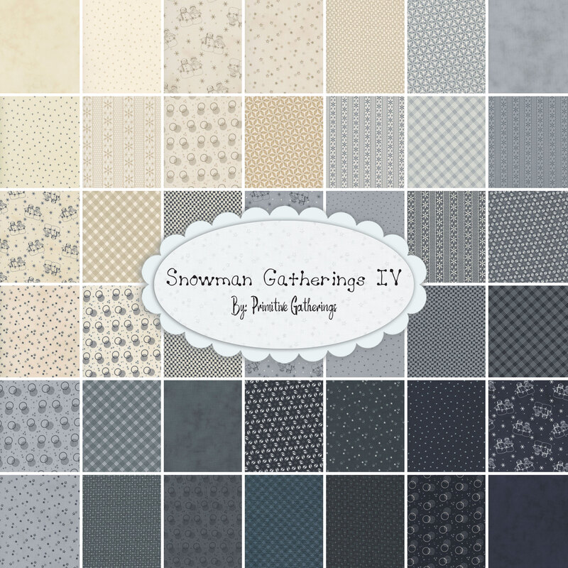 collage of snowman gatherings IV fabrics in a lovely gradient from cream to a dark, dusty blue