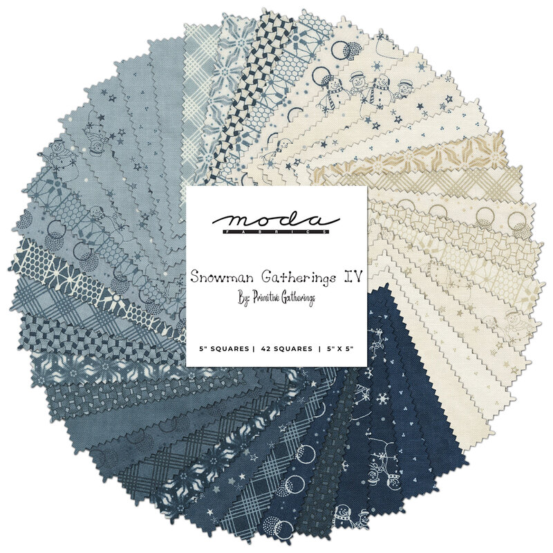collage of snowman gatherings IV fabrics splayed in a circle, arranged in a lovely gradient from cream to a dark, dusty blue