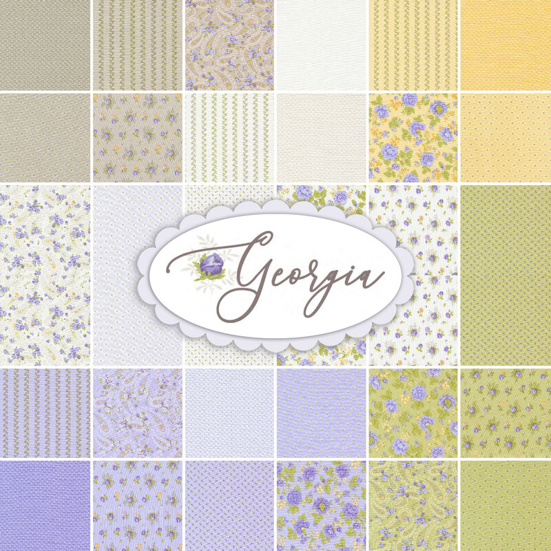 collage of all Georgia fabrics in soothing shades of taupe, cream, yellow, green, and purple