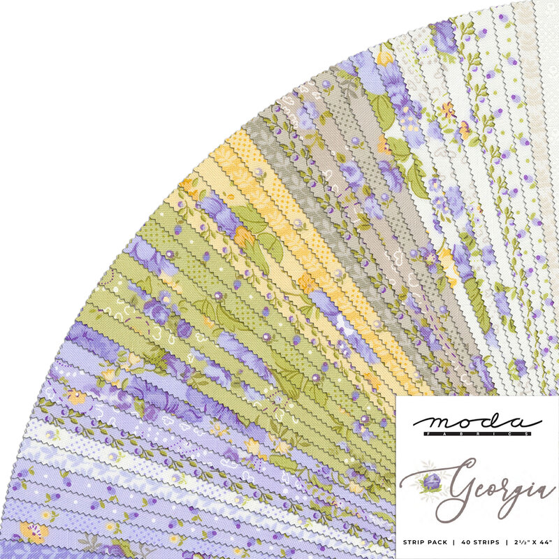 collage of all Georgia fabrics splayed in a fan, in soothing shades of taupe, cream, yellow, green, and purple