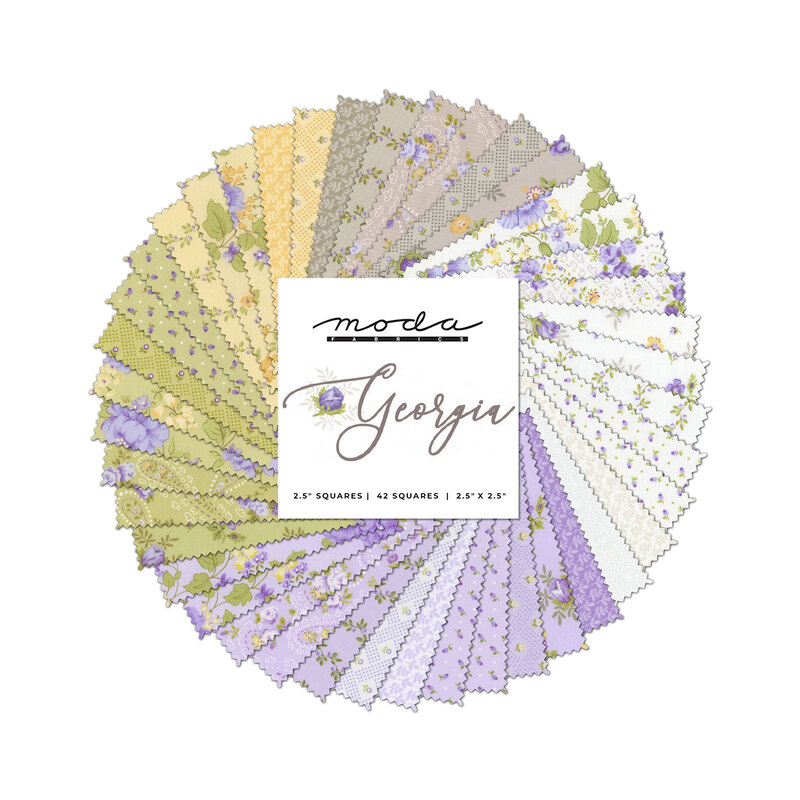 collage of all Georgia fabrics splayed in a circle, in soothing shades of taupe, cream, yellow, green, and purple