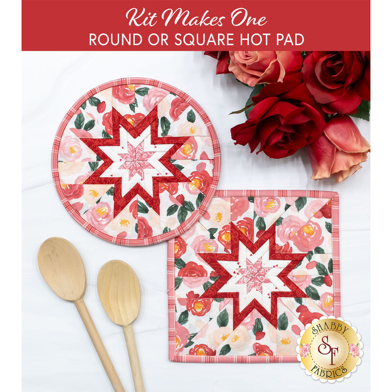 The two completed folded hot pads, one round and one square, slightly overlapping on a white countertop and staged with wooden spoons and red roses.