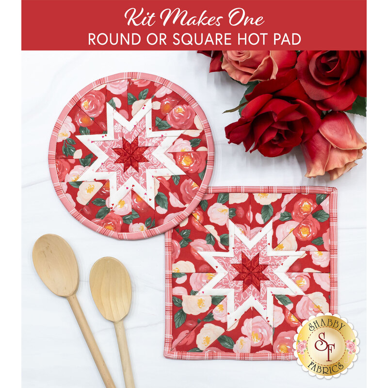The two completed folded hot pads, one round and one square, slightly overlapping on a white countertop and staged with wooden spoons and red roses.