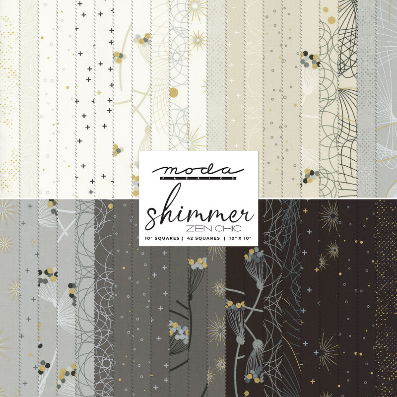 collage of all shimmer fabrics in lovely shades of white, ecru, gray, and black