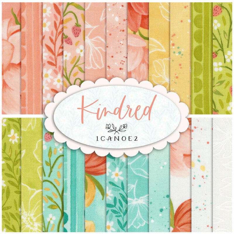 collage of kindred fabrics in cheerful shades of pink, yellow, green, blue, and white