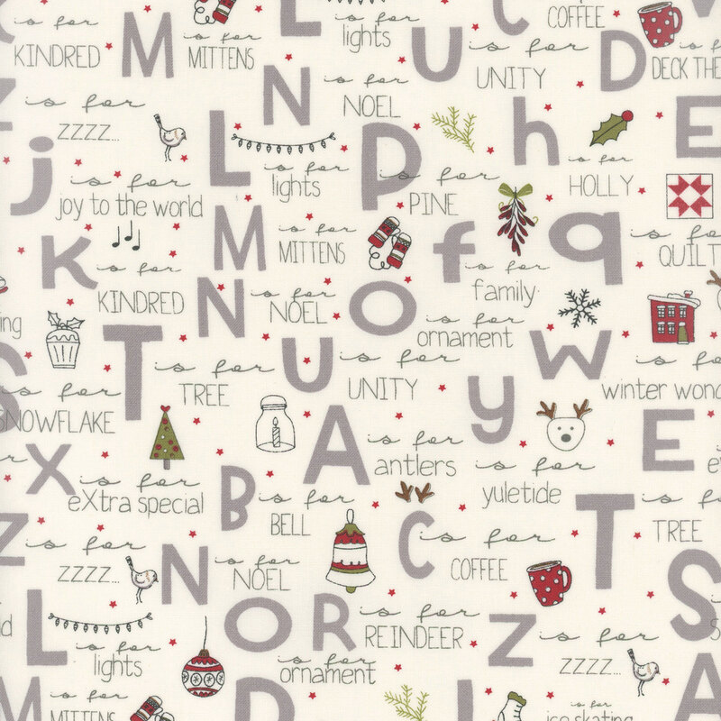 Cream fabric with large gray letters and handwritten Christmas themed words and illustrations.