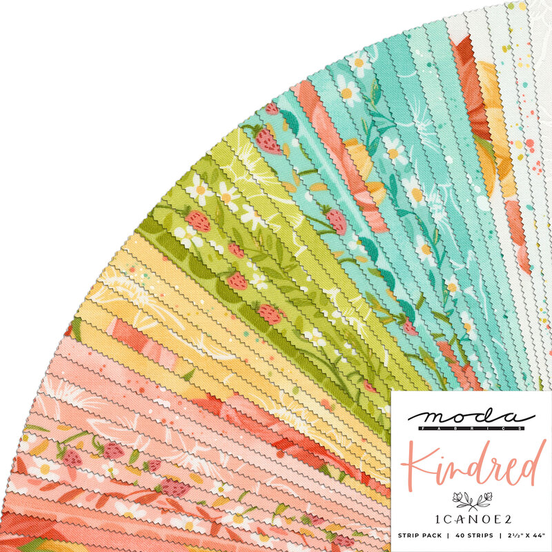 collage of kindred fabrics, splayed in a fan, in cheerful shades of pink, yellow, green, blue, and white