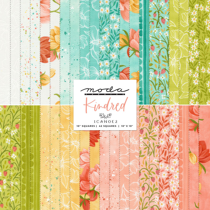collage of kindred fabrics in cheerful shades of pink, yellow, green, blue, and white