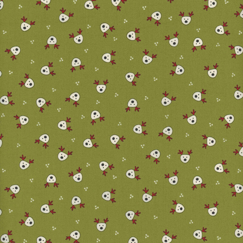 This olive green fabric features small white illustrated reindeer heads evenly spaced and tossed all over.