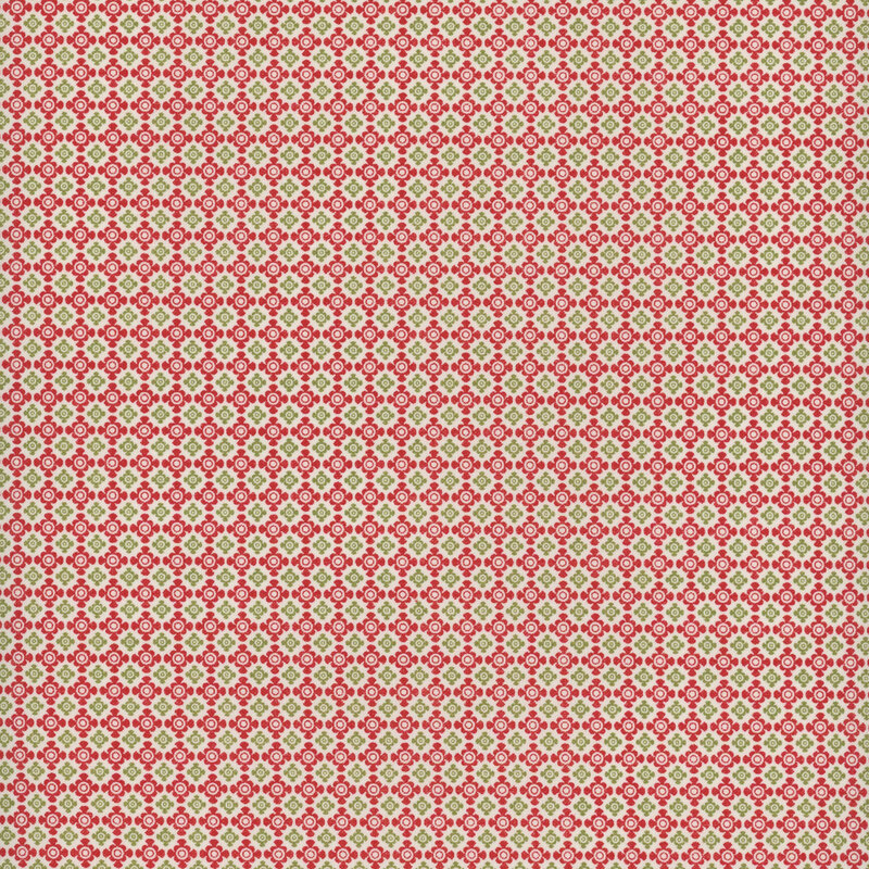 This green and red fabric features a visually interesting geometric pattern in a lattice-like pattern with rounded shapes against a cream background.