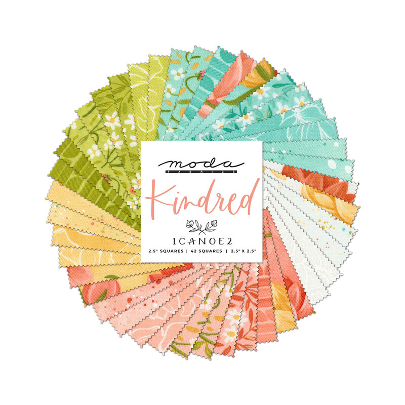 collage of kindred fabrics, splayed in a circle, in cheerful shades of pink, yellow, green, blue, and white
