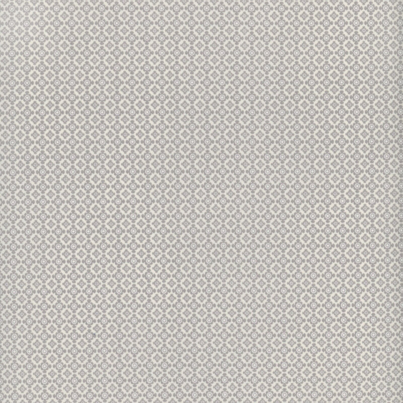 This tonal gray fabric features a visually interesting geometric pattern in a lattice-like pattern with rounded shapes against a pale background.