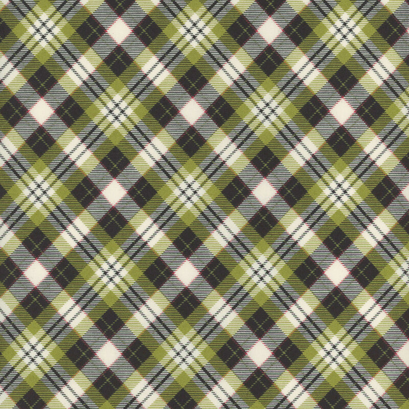 This plaid fabric features a beautiful gradient of black, white, and green