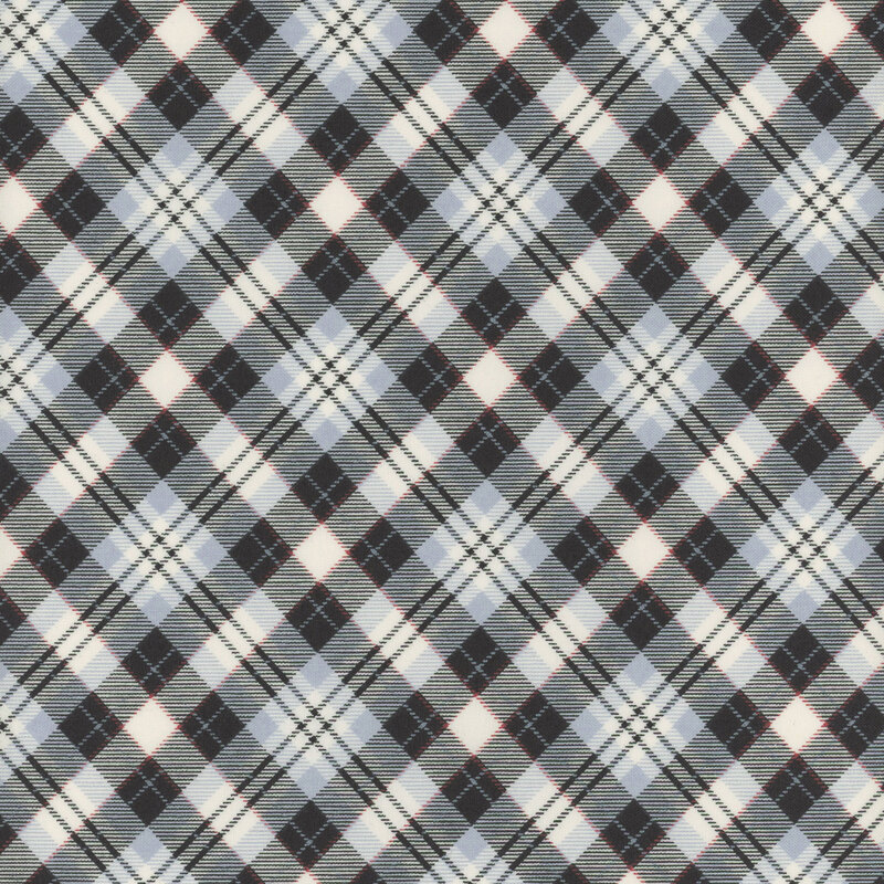 This plaid fabric features a beautiful gradient of blue, white, and black